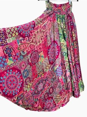Rhea One Size Smocked Waist Extra Wide Leg Flowing Pants Boho Silk Blend NEW